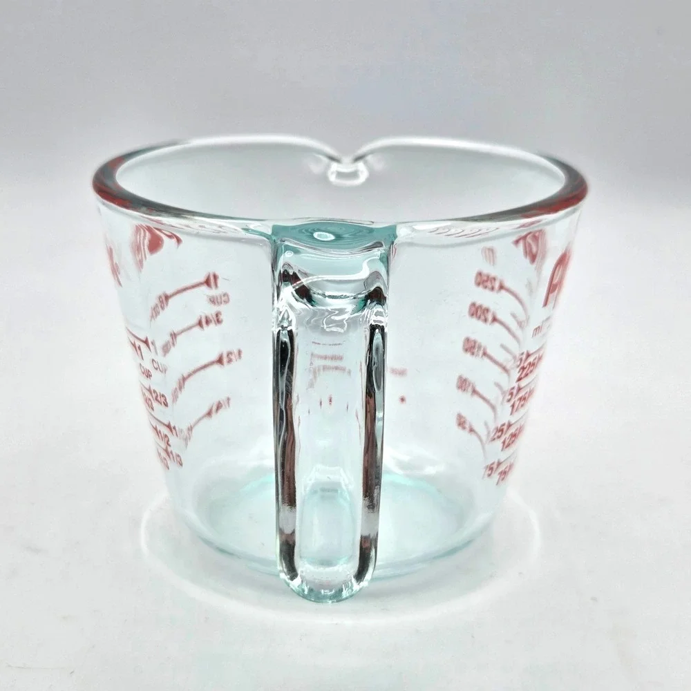 Pyrex 1 Cup Clear Measuring Cup with Red Graphics Oven Safe Made in USA